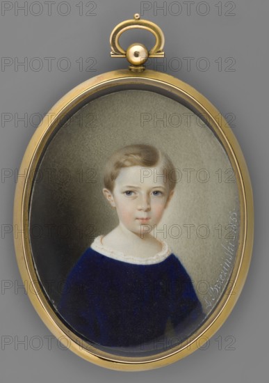 Portrait of a Child. Leon Brzezinski 1809–1865, painter. Portrait of a Girl, half-length, slightly to the right. Light ash-blond hair, short, parted on the side. At the neckline a hem of white lace from a blouse or shirt is visible; sapphire velvet dress with long sleeves. Grey-olive background, significantly darkened at the bottom left. Framing: gilded bronze frame, pendant, medallion type. Inscribed: L. Brzezinski - 1855. Miniature, height 8.5 cm, width 6.8 cm. Subjects: boys; children; portraits en three-quarters; Polish miniature., An oval gold-colored pendant containing a painted portrait of a young child with light brown hair and a fair complexion, wearing a dark blue garment with a pale collar, set against a neutral grayish-beige background; the pendant has a rounded top loop and a small spherical knob, and the overall colors visible include gold, gray, beige, light brown, fair skin tones, dark blue, and pale off-white.