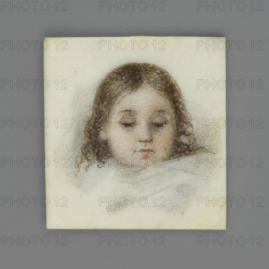 Portrait of Cesia, Celestyna Sapieha 1827 Warsaw - 1833 Karlsbad, daughter of Leon and Jadwiga née Zamoyska, Koden line, 12th generation; unknown artist; girls, children, en face portraits, heads, children's portraits, Polish miniature, amateur; 1833; miniature; height 1.5 cm, width 1.45 cm., A small square artwork shows the face of a child with closed eyes and a calm expression, framed by curly brown hair; the skin tones are pale with subtle pink and peach shading, and the cheeks and lips show soft pink accents. The head rests against a light-colored background and is partially surrounded by loose, sketchy drapery in off-white and pale gray tones. The square panel has a creamy off-white surface with faint marks and a slightly darker edge, and the whole piece sits against a neutral gray backdrop.