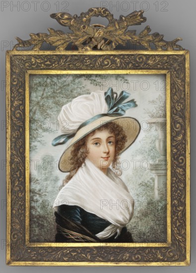 Alexandrine-Charlotte-Sophie de Rohan-Chabot, Duchess de La Rochefoucauld, Marquise de Castellane 1763–1839. Painted by Elisabeth Louise Vigée-LeBrun 1755–1842, possibly with contributions by an unknown painter. Subject: young woman, torso facing right. She has loose, wavy dark blond hair and wears a light straw hat with a wide brim trimmed with a blue ribbon and bows; the hat's crown is made of white fabric. Her dress is navy blue and green, with a white shawl fichu tied at the waist. Background: grayish-green garden shrubs and trees; at right background a pedestal with an urn. Inscription: signature, on the lintel. Framing: gilded bronze frame with plant motifs; at the top a floral wreath armature, quiver, torches, bay leaves, and ribbons. Date/style: 1900, miniature. Dimensions: height 9.2 cm, width 8.0 cm. Subjects/themes: trees, architecture, aristocracy, women, headgear, parks, portraits en trois-quarts, foreign miniatures, portraits of women, dresses, forgeries noted., A framed ...