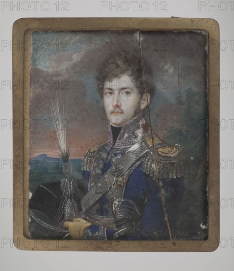 Lukasz Bieganski, major of the 1st Legion, unknown,  painter, 1807–1808, Poland, miniature, height 8.5 cm, width 7.5 cm, A painted portrait of a man shown from the waist up wearing a dark blue military uniform with metallic silver and gold epaulets and ornamental straps, his face pale with brown curly hair and a mustache, holding a dark hat with decorative plumes and tassels; the background shows a cloudy sky with shades of blue, gray, and pink above a distant landscape in green and blue tones, and the painting is set within a rectangular aged frame that is golden-brown.
