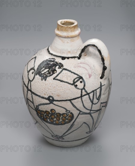 A jug with a handle with painted decoration — stylized figures of people robbers and musicians and animals. Makers: State Secondary School of Fine Arts in Zakopane Zakopane; est. 1876 co-creator; Office of Production Aesthetics Supervision Warsaw; 1947–1949 co-creator; Kenar, Antoni 1906–1959 sculptor/author. Materials and technique: ceramics with painted decorations, zoomorphic representations, linear patterns. Unique item, vessel, dated 1949, place of origin Zakopane. Dimensions: height 19.5 cm; diameter 14 cm., A rounded ceramic jug with a short neck and a single curved handle sits against a neutral gray background; the jug is primarily off-white with a speckled texture and areas of beige discoloration, and it is decorated with black linear drawings that depict simplified human-like figures and geometric shapes; there is a dark irregular curved mark along the handle and rim, a depiction of a bowl or basket filled with small circular elements colored orange-brown, a smudged area of p...