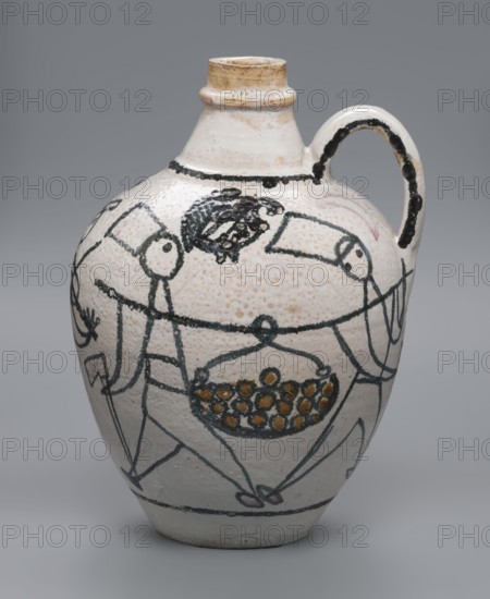 A jug with a handle with painted decoration—stylized figures of people robbers and musicians and animals; made by Antoni Kenar 1906–1959 with co-creation by Office of Production Aesthetics Supervision 1947–1949; ceramics with painted decorations, zoomorphic representations, linear patterns; unique vessel, height 19.5 cm, diameter 14 cm; date: 1949; place of origin: Zakopane., A rounded ceramic jug with a short neck and a single handle, painted on a textured pale cream surface with black linear figures and decorative motifs; the handle and rim show areas of beige and brown discoloration, and the painted lines depict stylized human-like forms carrying a basket filled with small round shapes colored in yellowish-brown, with small touches of pink on the figures’ shoes and faint pink smudges on the body, all set against a neutral gray background.