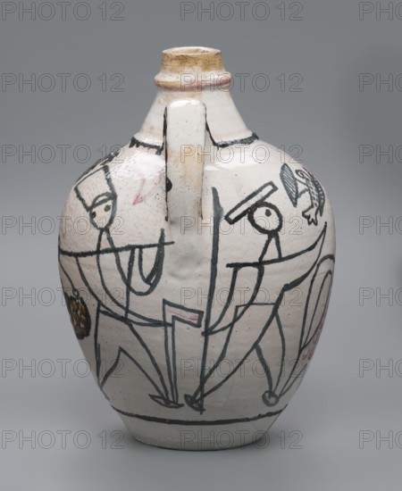A painted ceramic jug with handle featuring stylized figures of people robbers and musicians and animals, painted decorations with zoomorphic representations and linear patterns; unique vessel, height 19.5 cm, diameter 14 cm; made 1949 in Zakopane; creators: Antoni Kenar 1906–1959, Office of Production Aesthetics Supervision 1947–1949; State Secondary School of Fine Arts in Zakopane; material: ceramics; function: vessel; classification: sculptor/author., A rounded ceramic jug with a short neck and a handle running from the neck to the shoulder is shown against a neutral gray background; the jug's surface is a pale off-white with a glossy finish and areas of beige and light tan near the rim and handle, and it is decorated with sketch-like black line drawings depicting stylized human figures and abstract shapes, along with small touches of muted pink and a bit of ochre or brown in a decorative spot, and the base shows a thin black horizontal line.