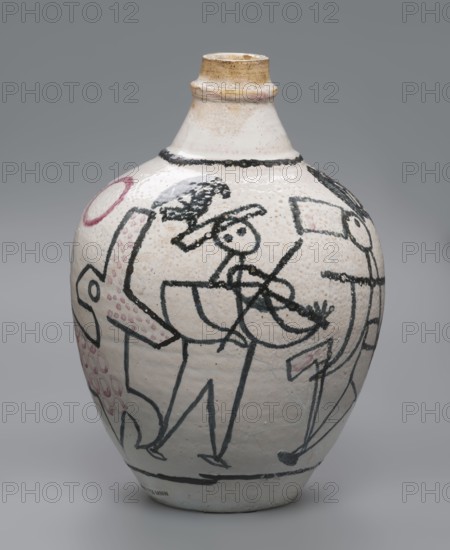 A painted ceramic jug with a handle, decorated with stylized figures of people robbers and musicians and animals, featuring painted decorations, zoomorphic representations and linear patterns; unique item. Maker: Antoni Kenar 1906–1959, co-created with the Office of Production Aesthetics Supervision 1947–1949 and the State Secondary School of Fine Arts in Zakopane est. 1876. Date: 1949. Place of origin: Zakopane. Vessel, height 19.5 cm, diameter 14 cm., A rounded ceramic vessel with a narrow neck and small rim, glazed in an off-white or cream tone with a slightly speckled surface, decorated with black linear drawings depicting simplified human figures and abstract shapes, and accented with areas of muted pink and gray; the neck has a band of darker beige and a thin black ring where it meets the shoulder, and the base shows a thin black line encircling the form.