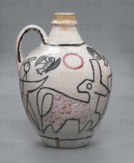 A jug with a handle with painted decoration — stylized figures of people robbers and musicians and animals; made of ceramics with painted decorations and linear patterns; zoomorphic representations; unique item; vessel, height 19.5 cm, diameter 14 cm; Zakopane, 1949; maker: Kenar, Antoni 1906–1959, sculptor; State Secondary School of Fine Arts in Zakopane 1876–, co-creator: Office of Production Aesthetics Supervision Warsaw; 1947–1949., A rounded ceramic jug with a single curved handle and a narrow neck, glazed in off-white with a slightly yellowed rim, decorated with black linear drawings and areas of muted pink; visible motifs include a stylized animal shape filled with a group of pink circular marks, a simplified bird figure, a circular pink ring, and a few abstract shapes rendered in black; the handle has black painted accents, and there are small areas of brown staining near the base and neck; the background is a uniform gray.