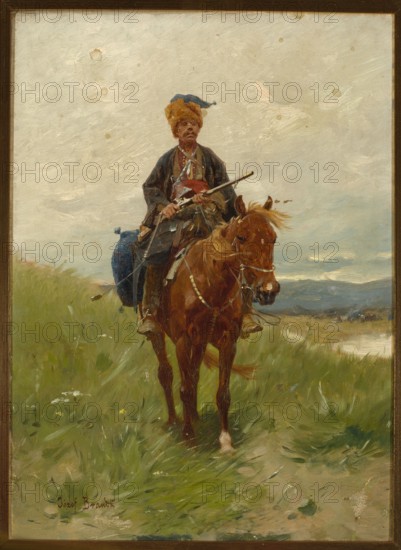 Brandt, Józef 1841–1915 painter, horses, soldiers, riders, weapons, genre scenes with landscape background, Munich School, rifles, recovered war losses, ca. 1902, painting; height 29 cm, width 21 cm, A mounted man sits on a brown horse in a grassy field under a pale, cloudy sky; the man wears a dark outer garment, a reddish sash, and a tall fur hat with a blue cloth, and he holds a long rifle across his lap while a blue pack hangs at the horse’s side; the horse has a chestnut coat with a lighter mane and visible tack, and the scene shows green grasses in the foreground, distant low hills and muted blue-gray tones on the horizon, with overall colors including brown, green, blue, reddish, tan, and pale cream.