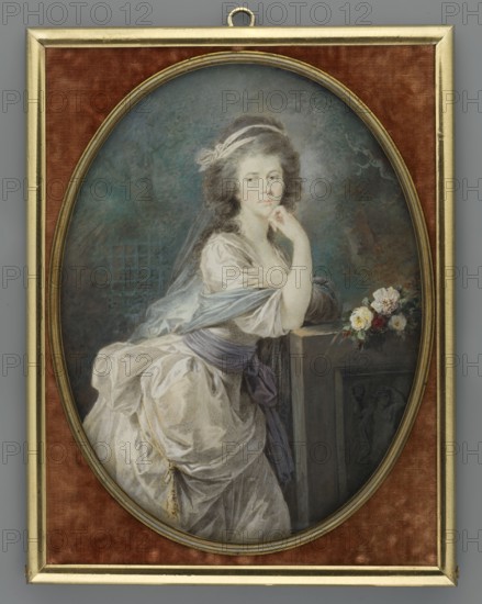 Unknown Countess von Clamm und Gallas, portrait almost identical to the image of Vincent Lesseur's first wife; Kraków dancer Urszula née Kaczkowski, Lesseur, Wincenty de 1745-1813 painter, Füger, Heinrich Friedrich 1751-1818 painter, unknown painter, antiquity, female artists, gazebos, flowers, classicism, bouquets, gardens, parks, landscapes, portraits en pieds, roses, costumes, portraits en three-quarters, portraits, female portraits, hairstyles, Woman, 3/4 right, below the knees, white dress tied with a lilac sash at the waist, pinned up at the side with a gold fringe, pale blue shawl on the shoulders, hairstyle tall, powdered hair tied at the top with a white ribbon, elbows resting on a stone pedestal with a relief depicting Terpsichore?, above a bouquet of white and red roses. Background: cloudy sky, fragment of a park with a pergola and trees. Frame: narrow brass frame framed in light brown velvet. 1780–1790, Vienna, miniature, An oval framed painting of a seated woman in histori...