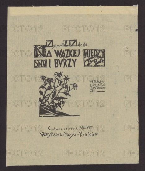 Cover of On the narrow border between sleep and storm, Makowski, Tadeusz 1882-1932, painter, 1914, graphic, height 15.4 cm, width 11 cm, A single sheet of light beige paper with a thin darker beige border is centered on a darker background, featuring black ink artwork and decorative blocks near the top, a stylized black botanical illustration of flowers with leaves toward the middle left, and a small cluster of handwritten-style black marks near the middle right; the lower portion of the sheet shows a few lines of black handwritten-style marks and a short horizontal black line near the bottom edge.