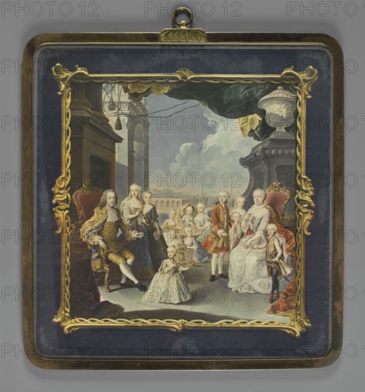 Empress Maria Theresa with her family on the terrace in Schönbrunn, by Antonio Bencini 1710–1765 after Franz Seraph Hanfstaengl 1804–1877 / Franz-Hanfstaengl-Kunstverlag; foreign miniature depicting family group with children, men and women, rulers, palaces, costumes; Austrian Empress Maria Theresa 1717–1780 and Francis I of Lorraine 1708–1765 with children; comparative material: miniature Min.54; graphic, height 28.7 cm, width 29.8 cm., A framed rectangular image showing an ornate painted scene of a large group of people posed in an interior setting opening to an exterior view; the frame has a gold decorative inner border and a metallic outer frame with a small loop at the top, and the surrounding mat is dark blue. In the painting a mix of adults and children are arranged on and around raised flooring and chairs; several adults sit on upholstered chairs in red and gold while others stand; the figures wear elaborate historical clothing including gowns, coats, and waistcoats in colors s...
