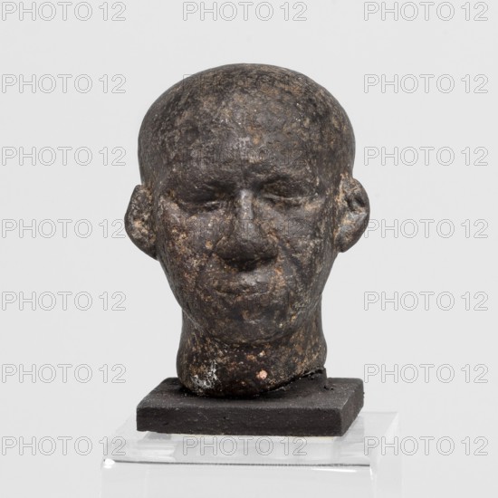Head of a priest figurine, Male Egyptian sculptural fragment: a man's head, completely devoid of hair. Skull bony structure excavated and expanded in the rear, upper part highly vaulted. Small, narrow eyes with heavy drooping eyelids; fleshy nose flattened at the tip with wide thick nostrils. Deep furrows and wrinkles under the eyes and around the nose and mouth; fleshy, schematically rendered ears right ear slightly flattened. With base. Third Intermediate Period, 25th Dynasty, c. 747–656 BC. Sculpture; height 4.7 cm, width 3.5 cm, depth 4 cm., A sculpted head resting on a square base, shown frontally against a pale background; the head has a rounded skull, simplified facial features with closed or recessed eye areas, a broad nose, and a subtle mouth, with prominent ears on either side. The surface appears rough and pitted with irregular texture. Visible colors include dark brown, black, and patches of lighter brown or tan, with a few small lighter spots. The base is dark, and the sup...