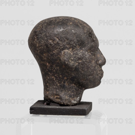 Head of a priest figurine, A man's head, fragment of a statuette, completely devoid of hair. Skull bony structure excavated, expanded in the rear, upper part highly vaulted. Small, narrow eyes with heavy drooping eyelids; fleshy nose flattened at the tip with wide thick nostrils. Deep furrows and wrinkles under the eyes and around the nose and mouth. Fleshy, schematically rendered ears; right ear slightly flattened. With base 10.5 cm. c. 747–656 BC; Third Intermediate Period, 25th Dynasty, Egypt. Sculpture. Height 4.7 cm, width 3.5 cm, depth 4 cm., A small dark brownish-black stone head sculpture shown in profile on a rectangular dark base, with a rounded skull, a defined forehead, nose, lips, chin, and a small ear, the surface mottled with lighter brown and grayish spots and some shiny areas, set against a pale gray background.