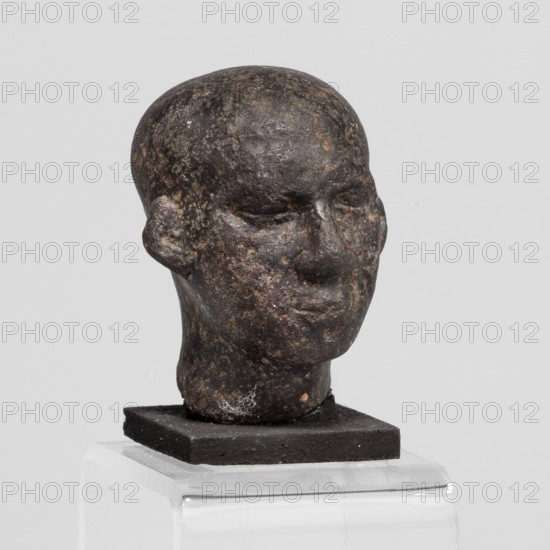 Head of a priest figurine, A man's head fragment of a statuette, completely devoid of hair. Excavated bony skull structure, expanded in the rear, upper part highly vaulted. Small, narrow eyes with heavy, drooping eyelids; fleshy nose flattened at tip with wide, thick nostrils. Deep furrows and wrinkles under the eyes and around the nose and mouth; fleshy, schematically developed ears, right ear slightly flattened. With base. c. 747–656 BC; Third Intermediate Period, 25th Dynasty, Egypt. Sculpture. Height 4.7 cm; width 3.5 cm; depth 4 cm., A small sculpted head displayed on a square base sits on a clear rectangular pedestal; the head is dark brown to black with lighter brown and grayish speckling across its textured surface, showing a smooth rounded skull, closed or softly carved eyes, a subtle nose and mouth, and slightly protruding ears, with some rougher patches and lighter flecks near the lower neck area, while the base is black and the background is a uniform light gray.