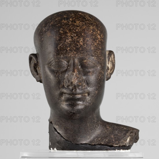 Head of a priest figurine, The head of a priest is hairless, high-domed, elongated toward the back, with a serene, young face; skillful, sensitive modeling emphasizes the skull shape, rounded cheeks, and a slightly smiling mouth. With base. 380–343 BC; Late Period, 30th Dynasty, Egypt. Sculpture. Height 10 cm, width 8 cm, depth 8 cm, weight 0.64 kg., A sculpted head and partial neck made of dark brown stone with lighter brown mottling, showing a smooth rounded skull, closed eyes, a broad nose with worn areas, and a subtle closed-mouth expression; a pair of ears projecting from the sides, one with a small lighter patch, and a fractured lower neck resting on a dark base placed atop a clear support against a light gray background.