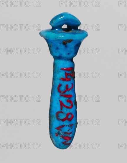 Amulet - Uadz column, protective amulet shaped like a scepter topped with a papyrus canopy; grave good, scepter motif; 664–525 BC, Late Period, 26th Dynasty, Egypt; material: amulet; height 2.5 cm, width 0.9 cm, A small elongated object with a rounded top and a looped protrusion, shown against a plain light gray background; the object is primarily bright turquoise blue with areas of darker blue mottling and small dark brown spots; there are several irregular red markings on the lower portion; the surface appears glossy and slightly worn in places.