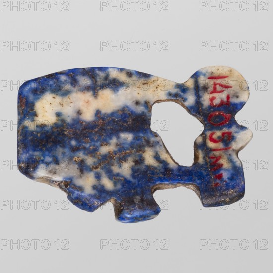 Amulet — Udjat eye with Uraeus;, Udjat eyes, Uraeus, Scen.Gal.Eg.; Egyptian religion; New Kingdom, 18th Dynasty, ca. 1550–1295 BC, Egypt; amulet; height 2.6 cm, width 1.7 cm., A roughly rectangular, irregularly shaped stone fragment with an organic cutout in the center and rounded protrusions along one edge, showing a mottled surface of blue, white, and brown tones, with some areas of darker blue and speckled brown discoloration.