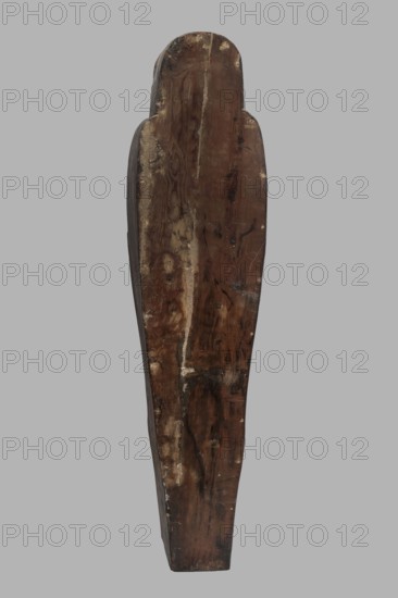 Sarcophagus of the gatekeeper of the temple of Amun Panepi, Panepy ca. 945–715 BC. Sacrificial formulas, necklace iconographic, wig iconographic, mummy straps iconographic, Nut mythological, hieroglyphs, grave goods, sculptured head. A small face with full cheeks painted red. Large eyes with black pupils and white irises. A green wig covering the ears frames the face. A loincloth above the forehead. On the chest is a large useh necklace consisting of nine stripes. On the legs is a vertical strip of the Sacrificial Formula. On the bottom of the chest is an image of Nut marked with a black outline. c. 825–715 BC; Third Intermediate Period, late 22nd Dynasty, Western Thebes. Sarcophagus; height 187 cm, width 49 cm, depth 51 cm., A tall, vertical wooden object with a tapered, coffin-like shape shown against a plain gray background, the wood surface displaying a range of brown tones from dark brown to lighter, warm brown with visible wood grain patterns, knots, and irregular streaks; there ...