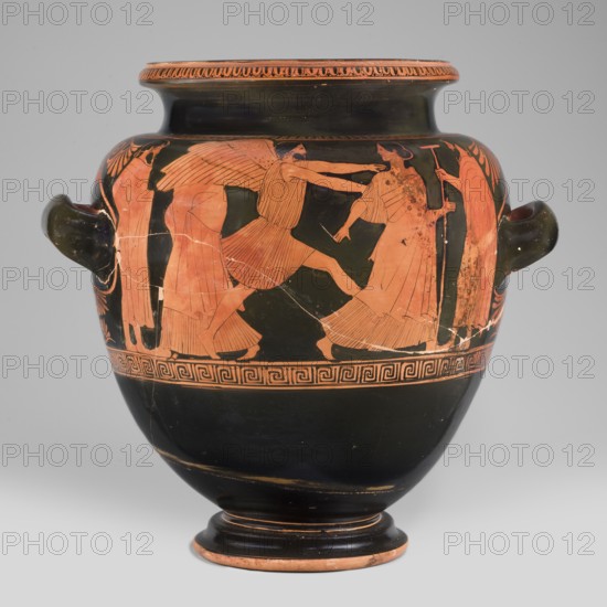 Stamnos with a depiction of Boreas and Oreithyia, unknown Attic workshop; Oinochoe Painter 480–460 BC; scene: Orithyia mythology and Boreas mythology; Greek pottery, Attica, ca. 470–460 BC; vessel stamnos; weight 3.556 kg; height 34 cm; diameter 29.1 cm; width 36 cm with handles; diameter of outlet 22 cm., A rounded ceramic vessel with a dark black surface and orange-red painted figures and decorative bands, showing a horizontal scene around its midsection with a group of several humanlike figures in profile wearing long garments and one figure with wings, all rendered in orange-red against the black ground; the rim and base have orange-red decorative borders, and the vessel has a pair of short horizontal handles on its sides, with visible hairline repairs and surface wear on the painted areas.