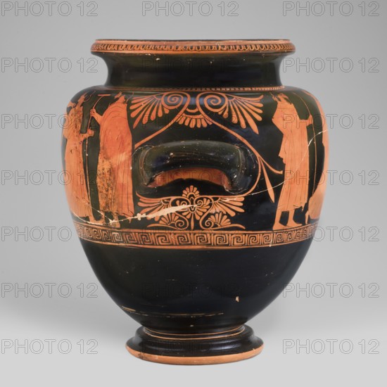 Stamnos with a depiction of Boreas and Oreithyia, unknown Attic workshop; Oinochoe Painter from Yale 480–460 BC; Orithyia mythology, Boreas mythology; Greek pottery, 470–460 BC; Attica; vessel, stamnos; weight 3.556 kg; height 34 cm; diameter 29.1 cm; width 36 cm with vices; dia. outlet 22 cm., A rounded ceramic vessel with a wide neck and a flared rim, primarily black with orange-red painted figures and decorative motifs, showing a group of robed standing figures in orange-red on the upper body. The vessel has a pair of horizontal handles integrated into the painted design, with ornamental scroll and palmette motifs above and below the handles in orange-red against the black background. A band of geometric meander decoration in orange-red encircles the vessel near its midsection. The lower body and base are mostly black with small orange-red accents on the foot and rim edges, and there are visible scratches and areas of wear revealing lighter underlying clay tones. The overall color p...