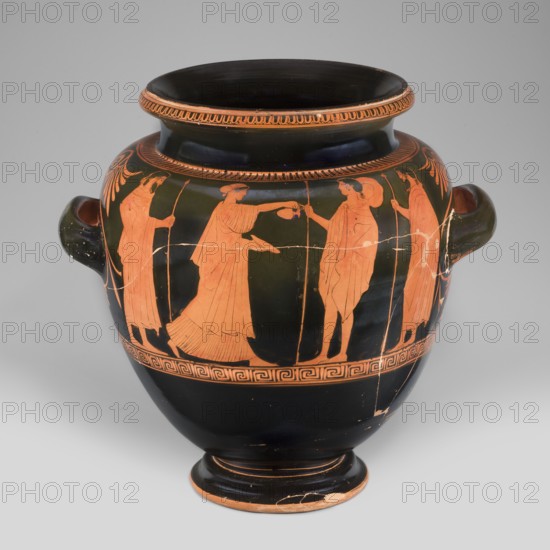 Stamnos with a depiction of Boreas and Oreithyia, unknown Attic workshop; Oinochoe Painter 480–460 BC; Orithyia mythology, Boreas mythology; Greek pottery, 470–460 BC; Attica; vessel stamnos; weight 3.556 kg; height 34 cm; diameter 29.1 cm; width 36 cm with vices; diameter of outlet 22 cm., A rounded ceramic vessel with two horizontal handles features a black background and orange-tinged figures and decorative bands; a group of clothed human figures in profile appears around the shoulder, rendered in orange against the black, with several standing and one extending an arm toward another; ornamental orange bands rim the top and encircle the body, and a patterned orange band runs near the lower shoulder; the vessel shows areas of surface wear and small cracks with lighter colored edges; visible colors include black, orange, and lighter beige on worn spots.