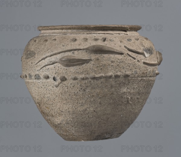 Vise-free cup, unknown Rhine workshop, Goluchów Greater Poland Voivodeship. Hard-fired, granular, light gray clay 7.5YR N7/; gray glaze 10YR 5/18, matte, covers the entire surface of the vessel, which is intentionally rough sandblasted. On the upper part of the body, en barbotine decoration in the form of stylized lanceolate leaves between two stripes of dots. Whole vessel, 2nd half of the 1st century, Cologne, vessel; height 8.0 cm, width 7.0 cm., A worn ceramic jar fills the frame, with a rounded body and a short, slightly flared rim, showing a rough, pitted surface texture and small raised decorative nodules and elongated applique shapes around its upper half; the jar appears in shades of beige, tan, gray, and brown against a neutral gray background.