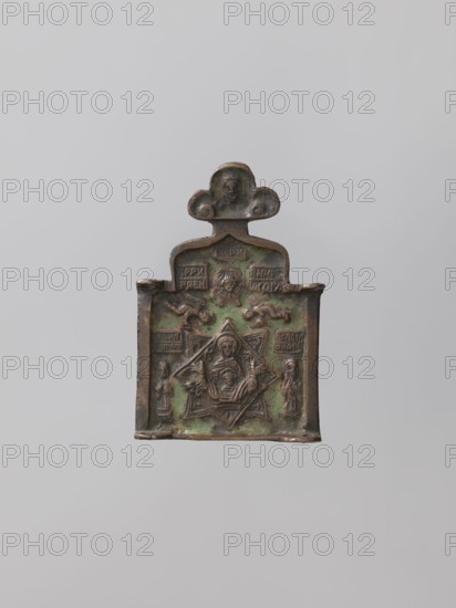 Middle wing of the triptych: Our Lady Znamienije, Ruthenian workshop; Mary mother of Jesus Christ; Our Lady of Znamienije iconography; Nicholas of Myra St., ca. 270–345/352; angels; Jesus Christ Bible; bishops; Our Lady with Child iconography; Mandylion iconography; maphorion iconography; cherubim; star iconography; saints; inscriptions; unknown provenance; revindication; Basil the Great St., ca. 330–379. In the centre of the middle wing of the triptych, against the background of a star consisting of two rhombuses, is depicted Our Lady with the youthful Christ on her breast. On either side stand holy bishops Basil and Nicholas?. Angels are depicted above, and a cherub is on the axis. The wing is topped with an image of Christ the Savior, not made by human hands. The background is filled with light green enamel. Significant enamel loss is visible on the edges. The reverse shows traces of a sharp tool. 17th century, Veliky Novgorod; icon; height 7 cm, width 4.5 cm., A small rectangular m...