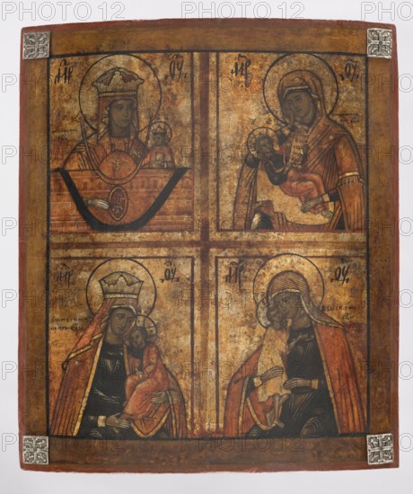 Quadripartite icon: four images of the Mother of God, Russian workshop. Mary mother of Jesus Christ with the youthful Christ; icons, quadripartite icon, Our Lady of Czestochowa iconography, Silence my sorrows iconography, Deliverance from grave misfortunes iconography, Escape of the wandering iconography, crown iconography, inscriptions, maphorion iconography, scrolls, message. The central part of the icon is divided into four parts showing images of the Mother of God with the youthful Christ. These are: 1 Our Lady of Czestochowa The Crucifixion of Evil Hearts; 2 Quiet My Sorrows; 3 Deliverance from Serious Misfortunes; 4 The Escape of the Wandering. The individual images are linear and schematic; in a rather poor color range. The inscriptions are made in black paint. In the corners of the frame there are decorative plaques with a star motif. 1st half of the 19th century, Russia; icon; height 39.0 cm, width 33.0 cm., The image shows a rectangular painted panel divided into four framed ...