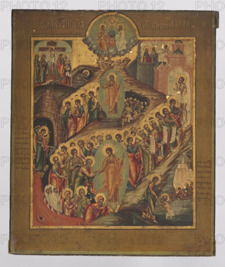 Icon: Resurrection of Christ, Russian workshop. Resurrection of Christ iconography; Jesus Christ; Paradise; Peter the Apostle ?–ca. 64; Abyss; Good Thief; Eve; Adam; Crucifixion; Holy Trinity; crosses; icons; Moses; Isaiah; Lord of Hosts; sarcophagi; inscriptions; instruments of the Passion; God the Father; Holy Spirit; halo. The icon shows the Resurrection, and below the Descent into the Abyss. Around the resurrected Christ are visible wounded soldiers; on the left, angels looking at Michael, who is dealing with a demon. From the lower left corner to the upper right, a procession of the righteous ascends from Sheol to heaven, led by the Good Thief. In the lower right corner is Christ's meeting with the apostles on Lake Gennesaret. In the upper left corner is the Crucifixion; in the upper right, the meeting of the Good Thief with Moses and Isaiah. Above the central depiction is the New Testament Trinity. Side panels bear inscriptions relating to individual scenes. 18th–19th century. Ur...