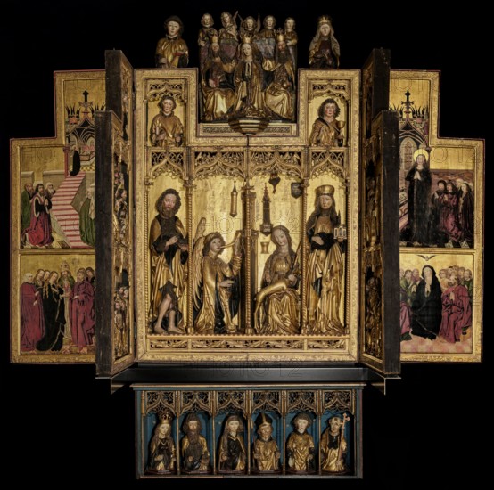 Annunciation with Unicorn Polyptych, Master of the Annunciation with Unicorn Polyptych, 4th quarter of the 15th century ca. 1480, panel/altarpiece with painted wings and sculptures, Annunciation of Mary iconography, unicorns, medieval art, masterpiece; various attributions and datings by scholars: Luchs ca. 1490–1500, Schultz 3rd quarter 15th c., Wiese connected painted wings with circle of the Master's workshop; dates 1460–1470, Burgemeister ca. 1470–1480; considered the most important wing altar in Silesia, Lossow one artist made sculptures and paintings around 1480, following the graphic art of Martin Schongauer; representation of Mary the Servant in the Temple based on engraving L 61 by Master ES, 1467, Stange saw dependence on the Nuremberg Master of the St. Wolfgang Altarpiece, Olszewski discussed connections with Schongauer engravings B9, B10, B18 as models. Origin/place: Wroclaw St. Elizabeth's Church, altar., A large multi-paneled altarpiece with hinged wings is shown against ...