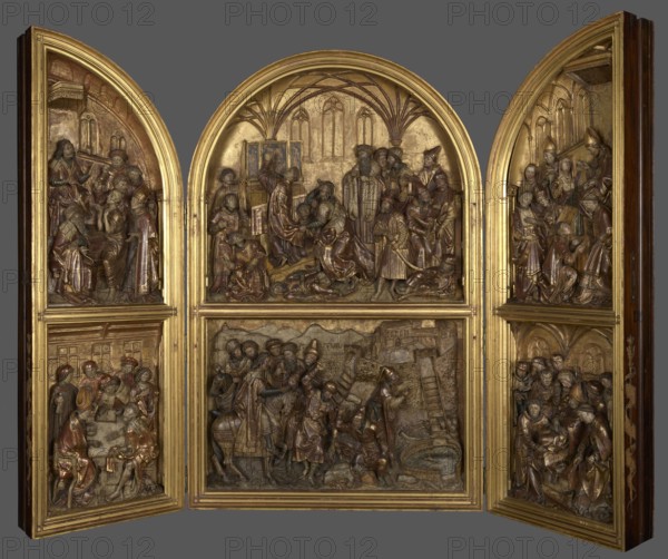 Triptych with the legend of St. Stanislaus, unknown sculptor, Hans von Kulmbach ca. 1485–1522, legend of St. Stanislaus, Stanislaus of Szczepanów ca. 1030–1079, Plawno parish church, Kraków origin, altar, bas-relief, 1510–1520, masterpiece, compare: brass crowns from the head of King Boleslaw secondary, crosier from the scene of the Murder of St. Stanislaus secondary, A carved triptych with three arched panels and two lower rectangular panels, all set in a gilded frame, showing intricately carved figures and architectural elements in bas-relief. The carvings depict groups of people in expressive poses, some seated and some standing, arranged in scenes with arches, columns, a ladder, and a well or circular feature. The surface colors include gold on the frame and background, with brown and darker brown tones on the carved figures and architectural details, and subtle touches of red and muted green on some garments. The overall composition is symmetrical with ornate moulding separating t...