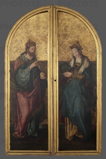 Triptych with the legend of St. Stanislaus, unknown sculptor, Hans von Kulmbach ca. 1485–1522 painter, legend of St. Stanislaus, Stanislaus of Szczepanów ca. 1030–1079, masterpiece, compare: brass crowns from the head of King Boleslaw secondary, crosier from the scene of the Murder of St. Stanislaus secondary, 1510–1520, Plawno parish church, place of finding, Kraków place of origin, altar, bas-relief, A tall, two-panel painted piece set within a gold arched frame shows two robed figures standing on a dark floor against a textured gold background; the left figure wears layered garments in teal, dark green, and muted red with a gold-trimmed cloak and a crown, holding a spherical object, while the right figure wears a flowing teal-blue robe over golden and dark red layers with a white head covering and a crown, hands held in front; both panels feature worn, cracked paint texture and rich gold tones in the background and frame, with visible shades of teal, green, red, gold, white, brown, ...