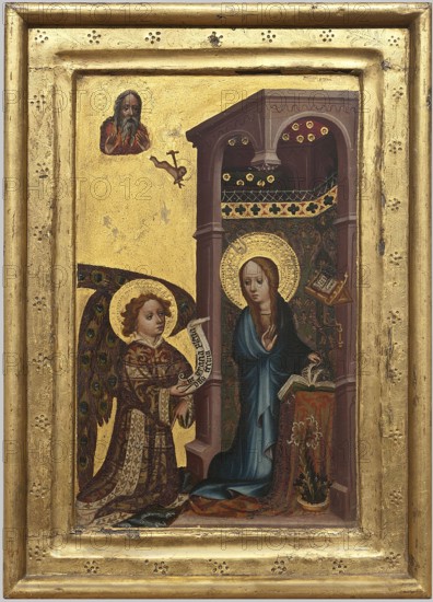 Altar panels: Annunciation and Adoration of the Child, Franco-Flemish painter, provenance unknown, Annunciation of the Virgin Mary iconography, Adoration of the Child iconography, medieval art, probably wings of a home altar, ca. 1380, altar panel; Annunciation: height 40.0 cm, width 28.5 cm, thickness 3.0 cm; Adoration: height 39.5 cm, width 29.0 cm, thickness 3.0 cm., A framed panel painting with a gold background and a gold frame showing a scene inside an architectural niche; on the left a winged figure with a halo kneels, wearing a richly patterned robe in shades of brown, red, cream, and green with peacock-feather patterned wings, holding a curved scroll, while on the right a seated female figure with a halo wears a blue robe and a dark cloak, her hand raised and the other resting near an open book on a small ornate stand covered with a red and gold cloth; above and behind them the niche has decorative arches and patterned trim in burgundy, green, and gold, and there is a small he...
