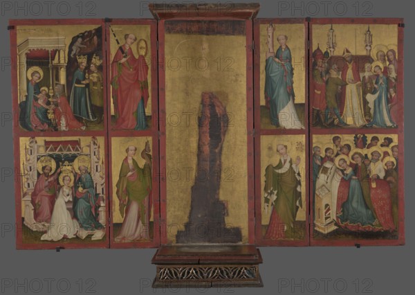 Canopy altar by a Gdansk painter, canopy altars depicting Mary mother of Jesus Christ, Gdansk Pomeranian Voivodeship, medieval art; Church of the Blessed Virgin Mary Gdansk; Sródmiescie. Carved depictions in the body; canopy central part with plinth; four wings painted on one side — inner wings narrower, with wider outer wings attached. Each wing divided horizontally into two quarters, enclosed in a painted frame of a narrow red band decorated with schematic flowers. The figure of the Madonna currently placed in the altar does not come from this altar. Colours: Vestments — predominance of light colours; reds in cool shades, light blue, olive green modeled with yellow, white, pink broken with purple. Flesh complexions modeled with warm pink and brown. Architecture in pink and white with accents of red and blue; green ground stripe. Haloes, robes' frames, crowns — gold. Gold background, plain. Red frames with gilded, rosettes. Dated ca. 1430 scholarly datings range ca. 1410–after 1420, m...
