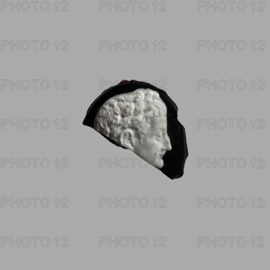 Cameo with a representation of the head of Tiberius in an oak wreath, unknown Italian workshop; restitution provenance. Male head iconography. Glass cameo depicting Tiberius Roman emperor; 14–37. Gems, ca. 20; Italy, Roman Empire 27 BC–476. Height 3.5 cm, width 3.5 cm, depth 0.8 cm, weight 0.008 kg., A fragment of a sculpted profile of a head with curly hair in white set against a dark irregular backing, positioned on a plain gray background, showing textures on the hair and facial contours with visible shadows and highlights in shades of white, dark brown or black, and gray.