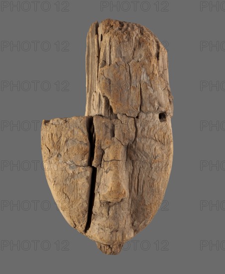 Sarcophagus mask with part of a wig preserved over the central and left part of the face and a fragment of the neck. Polychrome is poorly preserved traces near the eyes. ca. 747–332 BC; Third Intermediate Period–Late Period, Egypt. Sarcophagus mask., A weathered wooden object shaped like a stylized face with rough, cracked texture and pronounced grain, showing a long vertical split near the center, a raised nose-like form, and shallow eye-like indentations; the wood displays a range of brown tones from light tan to deeper brown with some grayish areas, set against a flat gray background.