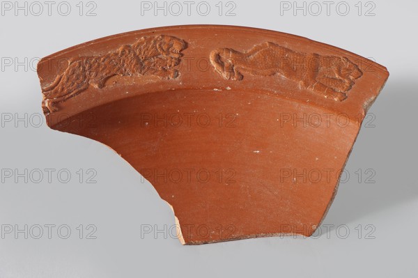 Fragment of a terra sigillata plate. Fragment of the rim of a deep plate with a flat, wide rim and a frieze with predatory animals. On the preserved fragment, facing right: a lioness on the right, with short fur marked with circles and a panther with longer fur jumping. Orange clay, red glaze. Dimensions of the entire plate can be reconstructed as approx. 43.9 cm in diameter, 7.6 cm in height. Late 3rd–4th century, Tunisia. Plate, width 13.4 cm, length 22.1 cm., A curved fragment of reddish-brown pottery with a raised rim showing impressions of animal figures, set against a light gray background; the pottery surface has small pale flecks and worn areas revealing a lighter beige clay at broken edges, and the impressed figures and rim show subtle variations of the reddish-brown color with slightly darker and lighter tones.