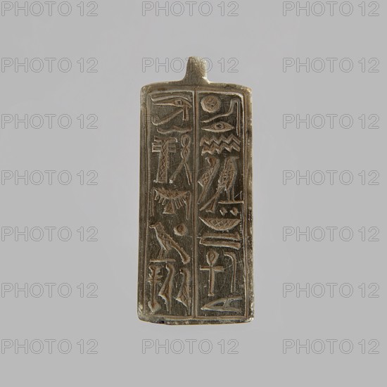 Tile with pseudo-hieroglyphs; scarab with pseudo-hieroglyphs on the base. 20th century, Egypt. Forgery. Scarab amulet. Dimensions: height 0.9 cm, width 2.4 cm, depth 1.4 cm. Unknown creator; ., A rectangular carved object suspended against a plain background, showing a dark brown to black surface with lighter worn edges; the front is divided into two vertical panels filled with shallow incised shapes and pictorial marks, including several bird-like forms, curved and angular linear motifs, and a few circular and bowl-like shapes; the top has a small tab projecting upward and the object's surface shows scratches and wear revealing lighter brown beneath; the background behind the object is a smooth neutral gray.