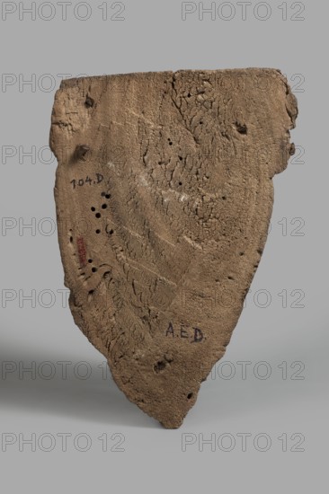 Sarcophagus mask with a partially preserved fragment of a wig above the forehead painted yellow with traces of black polychrome. It is separated from the forehead by cherry-red and black bands. The eyes are relatively large, with black rims, pupils, and eyebrows; the whites are white. The nose is long, quite narrow, widening evenly towards the nostrils. The mouth is primitively modeled. A fragment of the neck is preserved under the chin. The face is painted cherry-red. Partially preserved mounting pegs at the back. Ptolemaic Period, 332–30 BC; Egypt. Sarcophagus mask; height 25.7 cm, width 18 cm, thickness 8.2 cm., A roughly triangular fragment of textured brown material with an uneven, cracked surface and irregular edges, showing a few small round holes and worn indentations, resting against a smooth gray background; colors visible include shades of brown on the object and gray in the background, with a small area of darker brown and a small area of muted red.