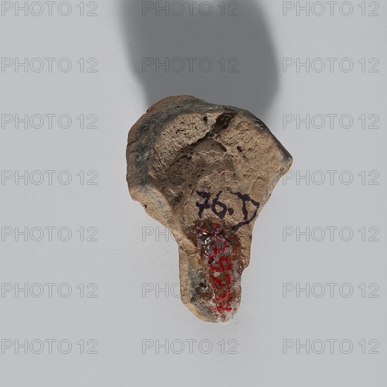 Head of a terracotta female figurine, with part of the neck and a fragment of a robe preserved. Hairstyle parted in the middle. Facial features quite simplified and rounded. Light brown clay. Uneven firing — center of the gray color break. 332–30 BC; Hellenistic period, Egypt. Figurine. Height 3.8 cm, width 3 cm, depth 2.1 cm., A rough, irregularly shaped fragment of brownish-beige material with a textured, pitted surface sits against a pale gray background, casting a soft shadow above it; the fragment has a wider, bulbous upper portion that narrows into a tapered lower protrusion, and there are areas of darker brown and charcoal discoloration on the upper surface as well as a glossy patch of red and darker mottling on the lower section.
