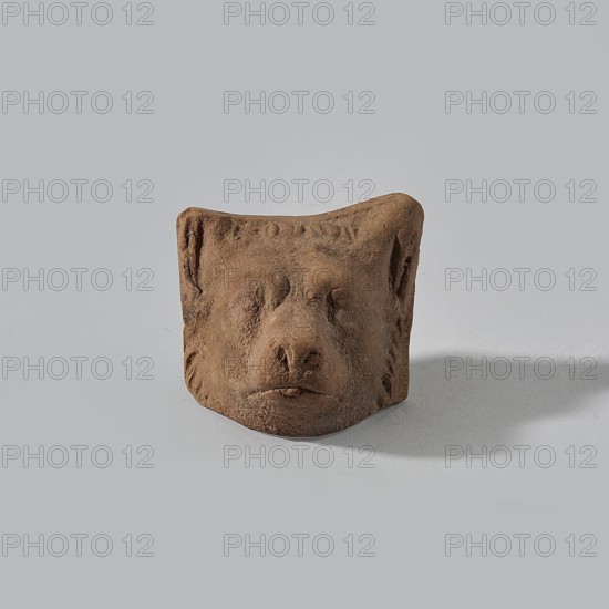 Terracotta dog head, dog's head with detailed anatomical features marked: large erect ears, stretched muzzle, fairly long fur, pronounced eyebrows, large nose; figurine, height 3 cm, width 3.4 cm, depth 2.7 cm; 323 BC–476 AD, Hellenistic or Roman period, Egypt., A small brown clay sculpture shaped like an animal head with a rounded snout, subtle eye sockets, and small ears, resting on a smooth pale gray surface that casts a soft gray shadow; the background is a uniform light gray.