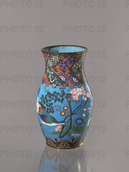 Vase, Doves, flowers, Japanese art; Japanese culture. Birds, Meiji 1868–1912, lilies, cloisonné enamel, chrysanthemums, wolfberries, sakura, butterflies, dragonflies, kachôga. Vase with a thick neck, parted towards the spout. Cloisonné enamel on copper. The spout and foot are enclosed by brass rings. Ca. 1870–1880 Meiji Period, Japan, Nagoya. Vessel; height 26.5 cm, width 15.5 cm., A single ornate vase sits against a plain gray background, its shape narrowing at the neck and widening at the body, with a reflective surface at its base. The vase displays a bright blue field decorated with floral and botanical motifs in colors including blue, pink, white, green, red, yellow, and black. A bird with blue, white, and brown plumage is perched among branches and leaves, and there are several stylized flowers and buds in pink, white, and yellow on green stems. The upper neck area features a patterned band with floral and geometric designs in red, black, blue, white, and gold, and the rim and ba...