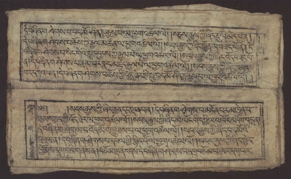 Buddhist text - Formula of repentance Tib. sdig bshags gser gyi spu gri bzhugs so, unknown author, Buddhist art, Tibetan, graphic prints, Book in the Tibetan pecha style, xylographic print in the disciple script dbu can, 16 folios, folio numbering 2-15 recto, first verso. Print on thin handmade paper, clear translucency. 19th century, Tibet. Graphic. Width 25.5 cm, height 7.8 cm., An aged rectangular sheet with a worn beige surface and rough edges sits against a dark brown background; it shows two horizontal framed panels separated by a narrow blank band, each panel containing dense dark markings arranged in horizontal lines; the frames and markings are in black ink that appears faded in places, and there are visible creases, stains, and small spots on the paper; overall colors visible include beige, black, dark brown, and hints of gray.