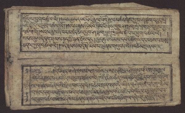 Buddhist text - Formula of repentance Tib. sdig bshags gser gyi spu gri bzhugs so, Buddhist art, Tibetan, graphic prints, Book in the Tibetan pecha style, xylographic print in the disciple script dbu can, 16 folios, folio numbering 2-15 recto, first verso. Print on thin handmade paper, clear translucency. 19th century, Tibet. Graphic. Width 25.5 cm, height 7.8 cm., A weathered rectangular sheet with a textured beige surface sits against a dark brown background, showing a few horizontal framed panels filled with dense dark ink strokes arranged in horizontal lines; the ink appears black to dark brown and the frames are drawn with darker lines. The paper shows uneven edges, creases, and small spots of discoloration in brown and pale tan, with some darker smudges along the left edge and corners. There are areas where the beige has aged to a slightly darker tan, and thin faint fibers and grain are visible across the surface. A narrow vertical margin on the left contains additional dark ink ...