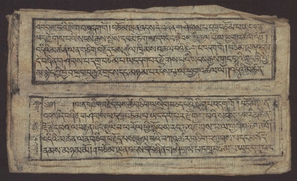 Buddhist text - Formula of repentance Tib. sdig bshags gser gyi spu gri bzhugs so, unknown author, Buddhist art, Tibetan, graphic prints, Book in the Tibetan pecha style, xylographic print in the disciple script dbu can, 16 folios, folio numbering 2-15 recto, first verso. Print on thin handmade paper, clear translucency. 19th century, Tibet. Graphic. Width 25.5 cm, height 7.8 cm., A worn rectangular sheet with a textured, fibrous surface shows two framed horizontal panels filled with hand-drawn dark markings; the sheet edges are irregular and slightly torn, with creases and small stains. The dominant colors are beige and tan of the paper, dark brown to black of the inked markings and borders, and a deep brown background surrounding the sheet. There are subtle variations in the paper tone with a few darker smudges and pale spots, and the frames around the panels are rendered in darker ink with uneven lines. The overall appearance is aged and weathered, with visible fibers and slight dis...