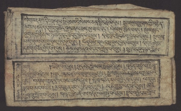 Buddhist text — Formula of Repentance Tib. sdig bshags gser gyi spu gri bzhugs so, author unknown. Buddhist art, Tibetan; book in the Tibetan pecha style; xylographic print in the disciple script dbu can. 16 folios folio numbering 2–15 recto, first verso. Print on thin handmade paper with clear translucency. 19th century, Tibet. Graphic. Width 25.5 cm; height 7.8 cm., An aged rectangular sheet with a textured beige surface sits against a dark background, showing two horizontal framed panels each filled with dense black handwritten script; the paper has worn and slightly torn edges, folded areas, and uneven discoloration with brownish stains and darker smudges, and the frames and ink strokes appear in black while the sheet displays variations of beige, tan, brown, and hints of gray.