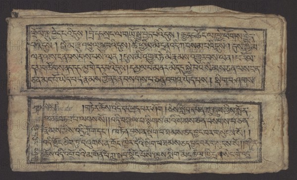 Buddhist text - Formula of repentance Tib. sdig bshags gser gyi spu gri bzhugs so, unknown author, Buddhist art, Tibetan, graphic prints, Book in the Tibetan pecha style, xylographic print in the disciple script dbu can, 16 folios, folio numbering 2–15 recto, first verso. Print on thin handmade paper, clear translucency. 19th century, Tibet. Graphic. Width 25.5 cm, height 7.8 cm., A worn rectangular sheet with a textured surface displaying two framed rectangular blocks filled with dense dark markings that resemble script; the sheet is mostly tan and beige with areas of darker discoloration and smudging, and the script appears in dark brown to black ink. The frames around the blocks are drawn in dark ink and show uneven, slightly faded lines. The top block sits above a horizontal fold or seam, and the lower block occupies the bottom half of the sheet with a narrow vertical margin at its left edge containing shorter markings. The paper edges are irregular and slightly torn or frayed, esp...