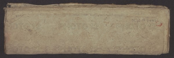 Buddhist text - Formula of repentance Tib. sdig bshags gser gyi spu gri bzhugs so, author unknown. Book in the Tibetan pecha style, xylographic print in the disciple script dbu can, 16 folios folio numbering 2–15 recto, first verso. Print on thin handmade paper, clear translucency. 19th century, Tibet. Graphic prints; width 25.5 cm, height 7.8 cm., A worn rectangular object with a textured surface lies against a dark background; its surface shows a weathered, uneven tan and beige coloration with areas of light brown discoloration and faint darker spots, and there is a small reddish mark near one corner. The edges are frayed and layered, showing a few folded and creased sections and some rough, darker brown along the top and sides. The overall appearance is aged and fibrous with subtle variations of cream, tan, beige, light brown, and a hint of reddish color.