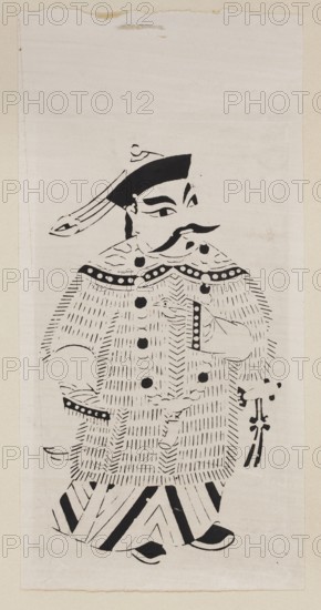 Menshen Gate Guardian, nianhua New Year's picture, early 20th century, Chinese, Jiajiang, graphic print, height 29.0 cm, width 16.0 cm., A black-and-white ink illustration of a person wearing a patterned robe and a hat, shown full-length on a pale beige background. The figure has a stylized mustache and eyebrows rendered in black, with facial features defined by bold black strokes. The hat is black with a flowing ribbon-like element extending from it. The robe features dense short black hatch marks and rows of circular black shapes along the collar and front, with decorative patterns on the sleeves and hem that include bold black diagonal stripes. The figure’s hands are visible near the chest and at the side, and a small decorative object with black markings hangs near one hand. The overall palette is black on off-white and pale beige.