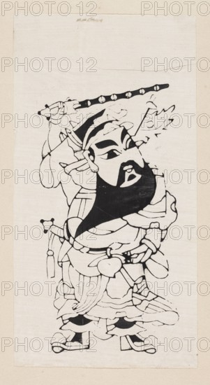 Menshen Gate Guardian, nianhua New Year's picture, early 20th century, Jiajiang, Chinese art, Menshen Gate Guardian iconography, graphic print, height 29.0 cm, width 16.0 cm., A tall vertical image shows a stylized black-and-white ink illustration of a robed figure holding a long staff above their head. The figure has a large dark beard and bold facial features rendered in black against the white background, with flowing garments composed of layered panels and ornamental elements. The staff has a segmented pattern and the figure’s hand grasps it near one end while the other arm and accessories create a sense of movement. The clothing includes sashes, rounded shapes, and decorative tassels, and the lower robes flare over stylized footwear. The overall palette is black ink on an off-white or cream paper with subtle aging tones around the edges.