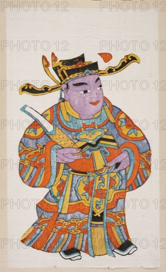 Menshen Gate Guardian, Chinese, nianhua New Year's picture, representation of a guard in civilian clothes, early 20th century, Jiajiang, graphic print, height 33.0 cm, width 25.0 cm., A colorful painted figure wearing an ornate headdress and elaborate robe fills the center of the image; the face is lavender with dark eyebrows and a slight smile, and the headdress is black and yellow with red accents and curved decorative extensions. The robe shows a mix of bright colors including orange, yellow, blue, teal, purple, black, and turquoise, with patterned bands, floral motifs, and braided details; wide sleeves and layered panels create a voluminous silhouette. The figure holds an object in pale blue and white near the shoulder and has hands visible in lavender holding a rounded orange element at the waist. The background is a plain off-white sheet bordered by a beige mat, and the composition includes bold outlines and visible brush strokes.