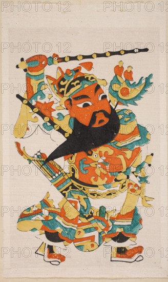 Menshen Gate Guard in Military Costume, Chinese, Menshen Gate Guard iconography, nianhua New Year's pictures, early 20th century, Jiajiang, woodblock/graphic print, height 39.0 cm, width 24.5 cm, A colorful painted figure occupies the center of the image, depicted with a large black beard and an orange-red face with bold black eyebrow shapes and eyes. The figure wears an ornate helmet or headdress with yellow and black patterns and teal and orange accents, and holds a long staff or pole decorated in black and yellow. Elaborate clothing and armor surround the figure in a mix of orange-red, teal, yellow, black, and small areas of white, featuring swirling decorative motifs and layered pieces. A stylized bird or dragon-like ornament with teal and yellow elements appears near the figure’s shoulder, and several rounded decorative shapes in yellow and orange are integrated into the design. The background is a pale, textured beige surface.